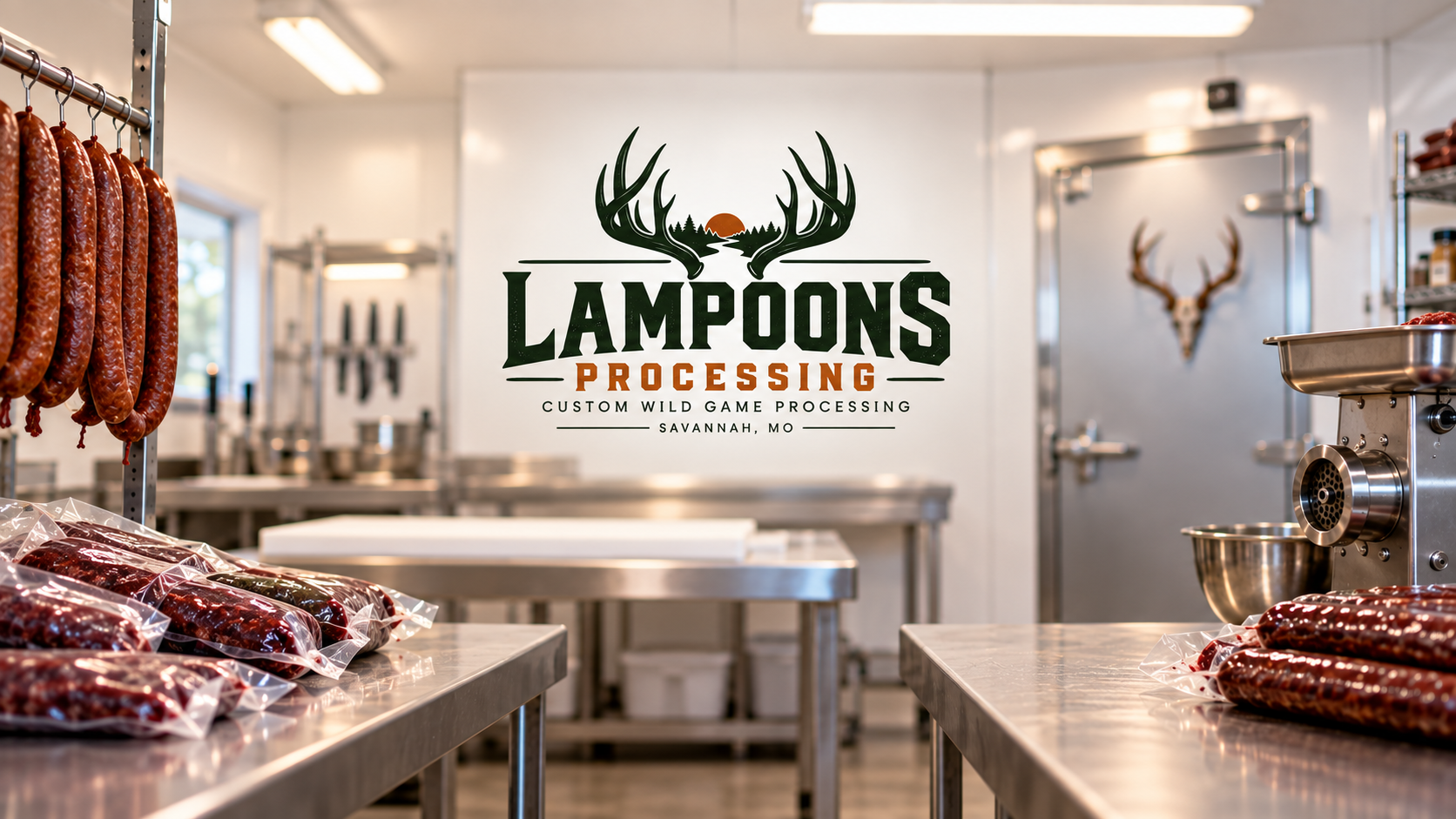 Lampoons Processing branded graphic with the Lampoons logo, sausage and a meat grinder